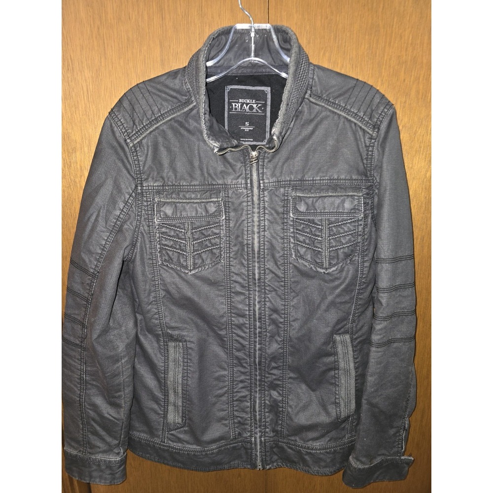 Buckle Black Jacket Mens Size S Black Faux Leather Motorcycle Grunge Full Zip